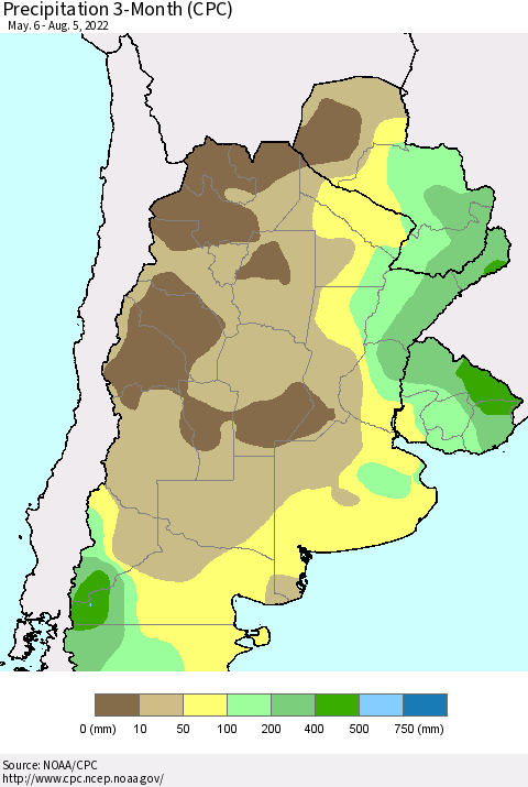 Southern South America Precipitation 3-Month (CPC) Thematic Map For 5/6/2022 - 8/5/2022