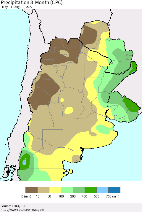 Southern South America Precipitation 3-Month (CPC) Thematic Map For 5/11/2022 - 8/10/2022