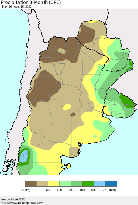 Southern South America Precipitation 3-Month (CPC) Thematic Map For 5/16/2022 - 8/15/2022