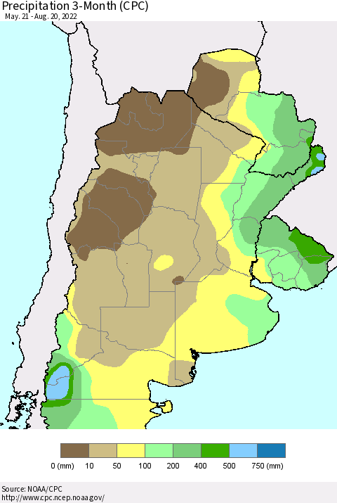 Southern South America Precipitation 3-Month (CPC) Thematic Map For 5/21/2022 - 8/20/2022