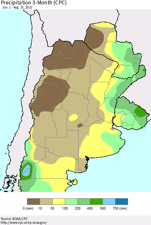 Southern South America Precipitation 3-Month (CPC) Thematic Map For 6/1/2022 - 8/31/2022