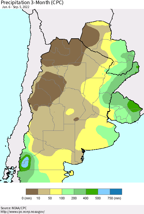 Southern South America Precipitation 3-Month (CPC) Thematic Map For 6/6/2022 - 9/5/2022