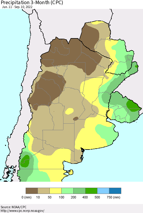 Southern South America Precipitation 3-Month (CPC) Thematic Map For 6/11/2022 - 9/10/2022