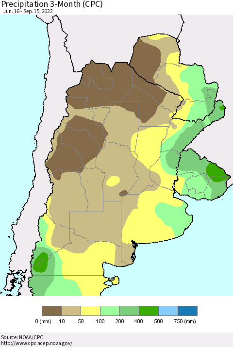 Southern South America Precipitation 3-Month (CPC) Thematic Map For 6/16/2022 - 9/15/2022