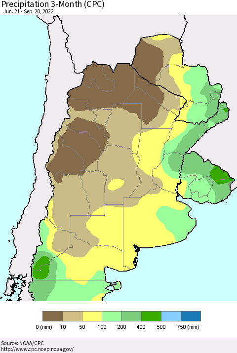Southern South America Precipitation 3-Month (CPC) Thematic Map For 6/21/2022 - 9/20/2022