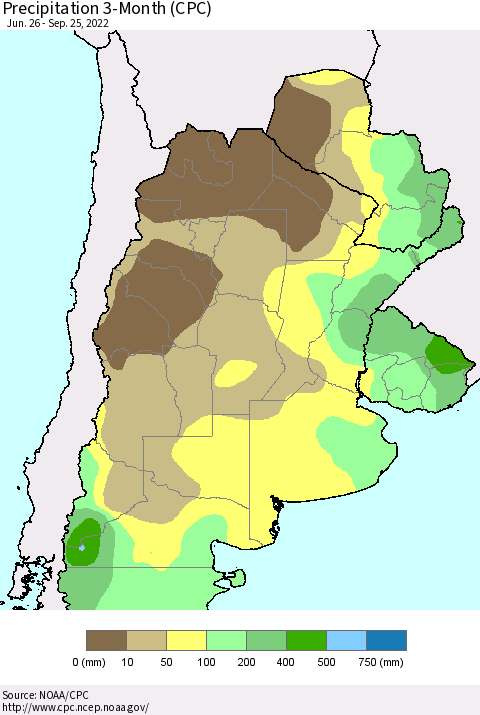 Southern South America Precipitation 3-Month (CPC) Thematic Map For 6/26/2022 - 9/25/2022