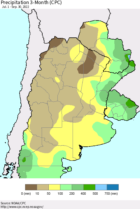 Southern South America Precipitation 3-Month (CPC) Thematic Map For 7/1/2022 - 9/30/2022