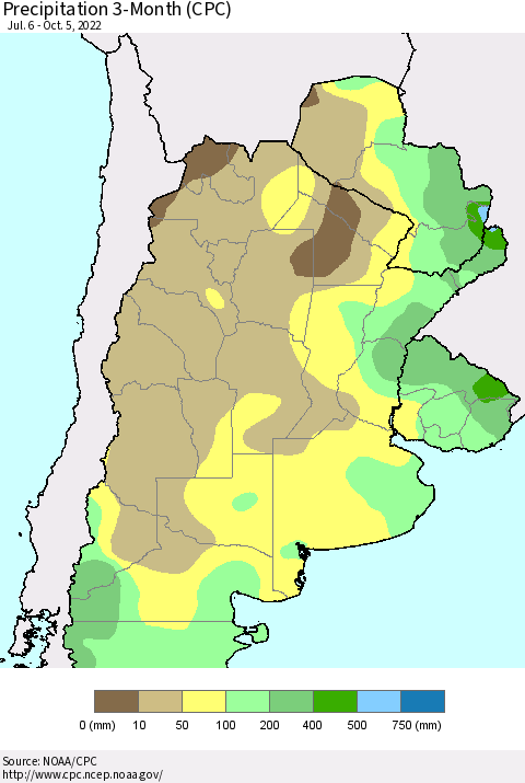 Southern South America Precipitation 3-Month (CPC) Thematic Map For 7/6/2022 - 10/5/2022