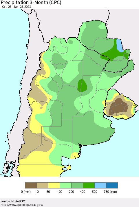 Southern South America Precipitation 3-Month (CPC) Thematic Map For 10/26/2022 - 1/25/2023