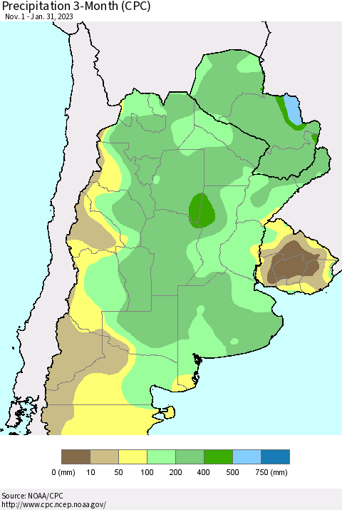 Southern South America Precipitation 3-Month (CPC) Thematic Map For 11/1/2022 - 1/31/2023