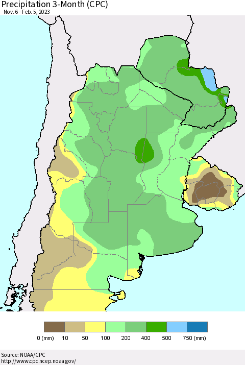 Southern South America Precipitation 3-Month (CPC) Thematic Map For 11/6/2022 - 2/5/2023