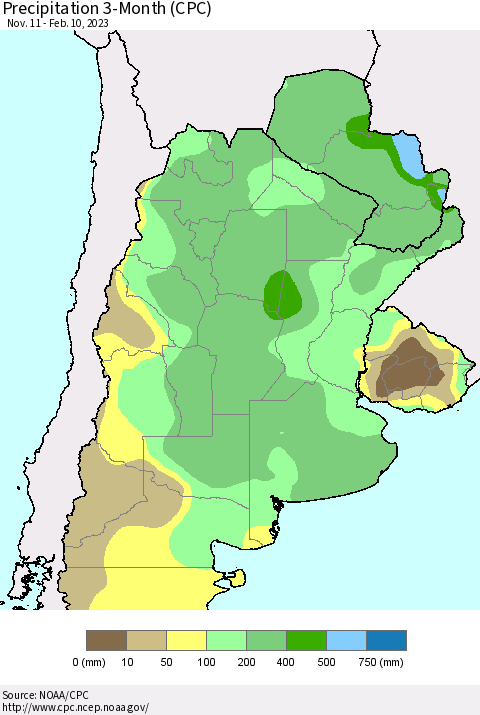 Southern South America Precipitation 3-Month (CPC) Thematic Map For 11/11/2022 - 2/10/2023