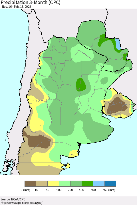 Southern South America Precipitation 3-Month (CPC) Thematic Map For 11/16/2022 - 2/15/2023