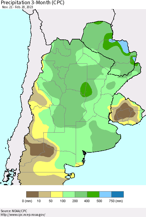 Southern South America Precipitation 3-Month (CPC) Thematic Map For 11/21/2022 - 2/20/2023