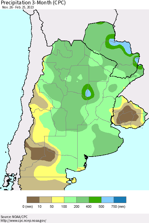 Southern South America Precipitation 3-Month (CPC) Thematic Map For 11/26/2022 - 2/25/2023