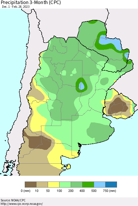 Southern South America Precipitation 3-Month (CPC) Thematic Map For 12/1/2022 - 2/28/2023