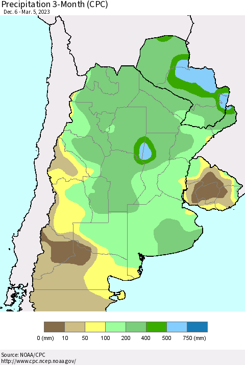 Southern South America Precipitation 3-Month (CPC) Thematic Map For 12/6/2022 - 3/5/2023