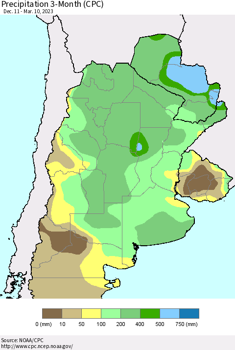 Southern South America Precipitation 3-Month (CPC) Thematic Map For 12/11/2022 - 3/10/2023