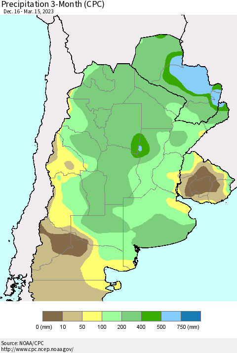 Southern South America Precipitation 3-Month (CPC) Thematic Map For 12/16/2022 - 3/15/2023