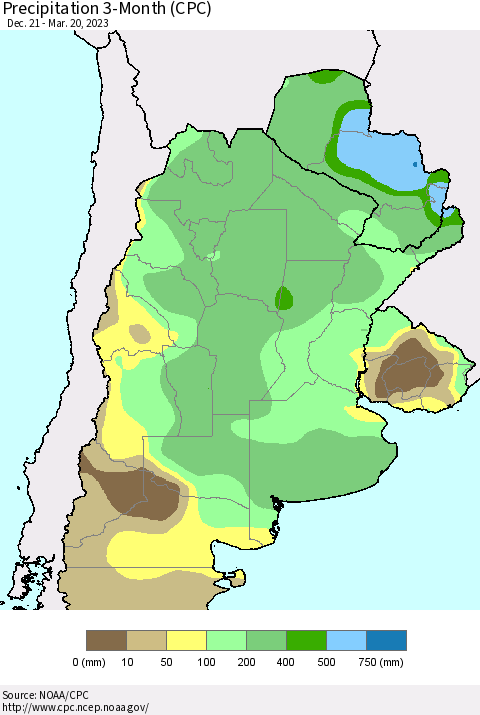 Southern South America Precipitation 3-Month (CPC) Thematic Map For 12/21/2022 - 3/20/2023