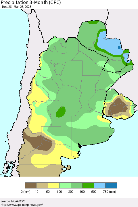 Southern South America Precipitation 3-Month (CPC) Thematic Map For 12/26/2022 - 3/25/2023