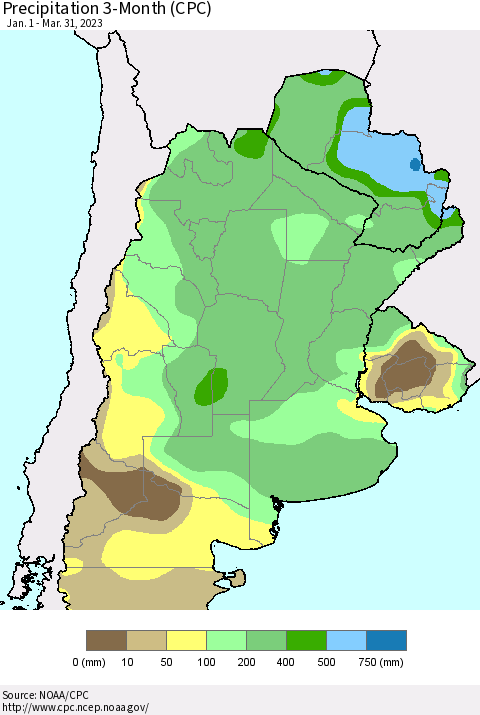 Southern South America Precipitation 3-Month (CPC) Thematic Map For 1/1/2023 - 3/31/2023