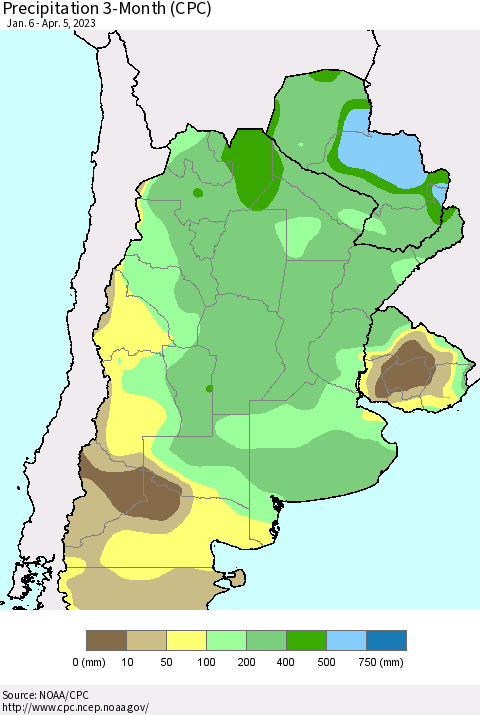 Southern South America Precipitation 3-Month (CPC) Thematic Map For 1/6/2023 - 4/5/2023