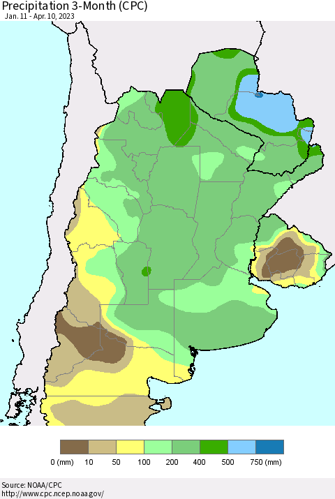 Southern South America Precipitation 3-Month (CPC) Thematic Map For 1/11/2023 - 4/10/2023