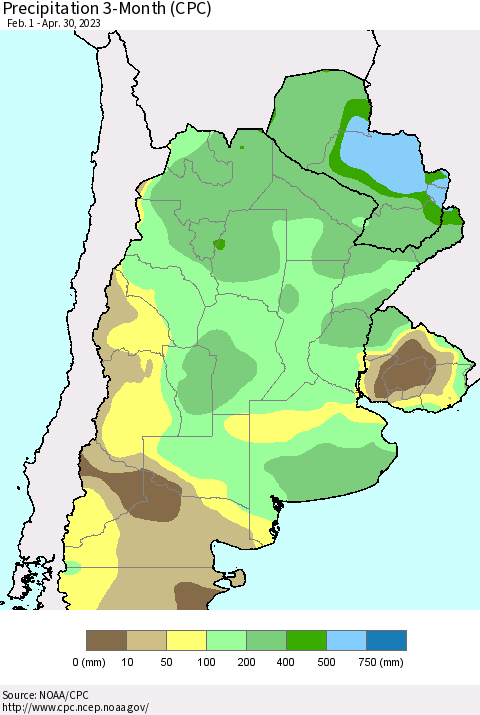 Southern South America Precipitation 3-Month (CPC) Thematic Map For 2/1/2023 - 4/30/2023