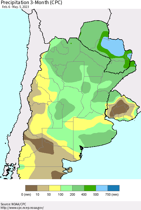 Southern South America Precipitation 3-Month (CPC) Thematic Map For 2/6/2023 - 5/5/2023