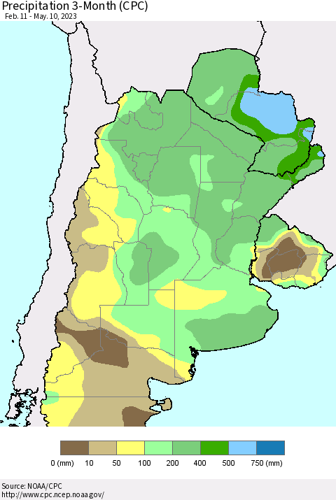 Southern South America Precipitation 3-Month (CPC) Thematic Map For 2/11/2023 - 5/10/2023