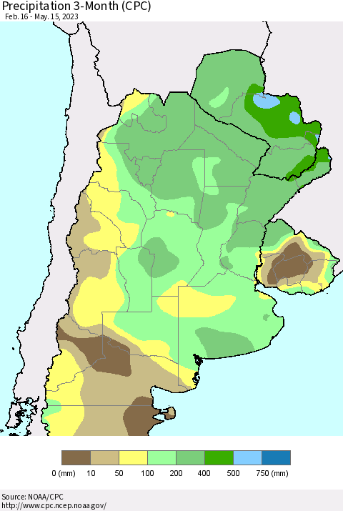 Southern South America Precipitation 3-Month (CPC) Thematic Map For 2/16/2023 - 5/15/2023