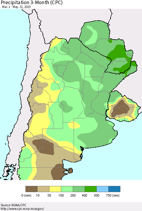 Southern South America Precipitation 3-Month (CPC) Thematic Map For 3/1/2023 - 5/31/2023