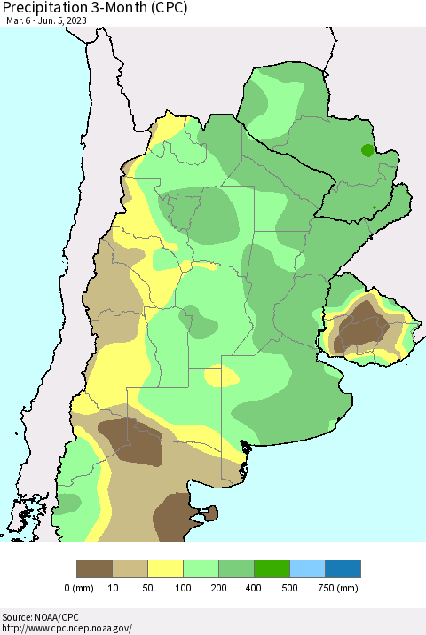Southern South America Precipitation 3-Month (CPC) Thematic Map For 3/6/2023 - 6/5/2023