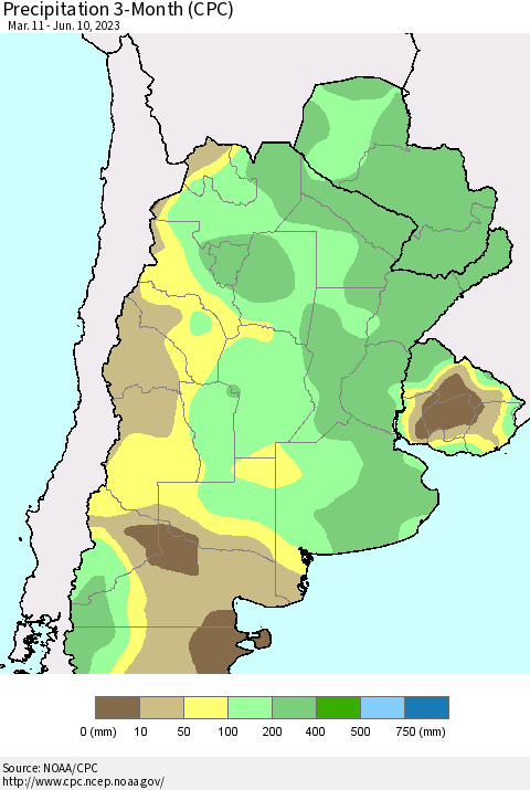 Southern South America Precipitation 3-Month (CPC) Thematic Map For 3/11/2023 - 6/10/2023
