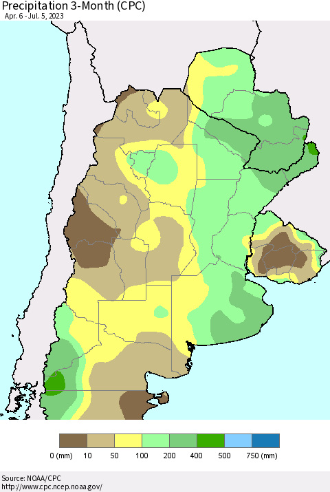 Southern South America Precipitation 3-Month (CPC) Thematic Map For 4/6/2023 - 7/5/2023
