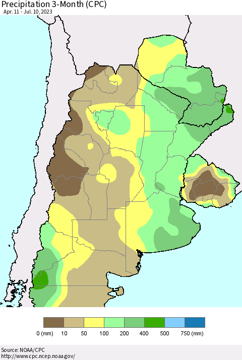 Southern South America Precipitation 3-Month (CPC) Thematic Map For 4/11/2023 - 7/10/2023