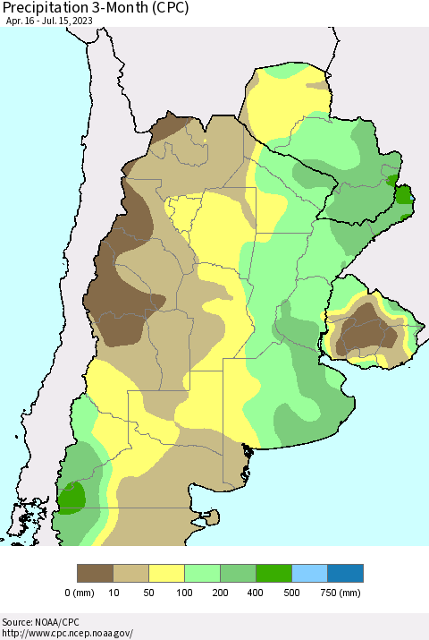 Southern South America Precipitation 3-Month (CPC) Thematic Map For 4/16/2023 - 7/15/2023