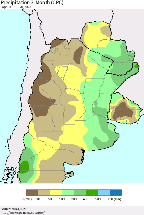 Southern South America Precipitation 3-Month (CPC) Thematic Map For 4/21/2023 - 7/20/2023