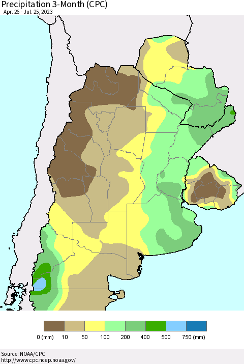 Southern South America Precipitation 3-Month (CPC) Thematic Map For 4/26/2023 - 7/25/2023