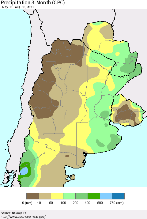 Southern South America Precipitation 3-Month (CPC) Thematic Map For 5/11/2023 - 8/10/2023