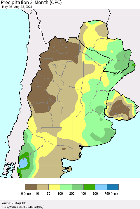 Southern South America Precipitation 3-Month (CPC) Thematic Map For 5/16/2023 - 8/15/2023