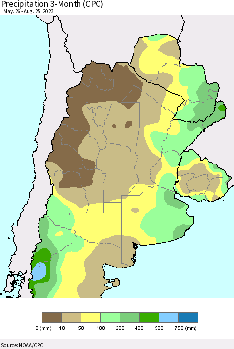 Southern South America Precipitation 3-Month (CPC) Thematic Map For 5/26/2023 - 8/25/2023