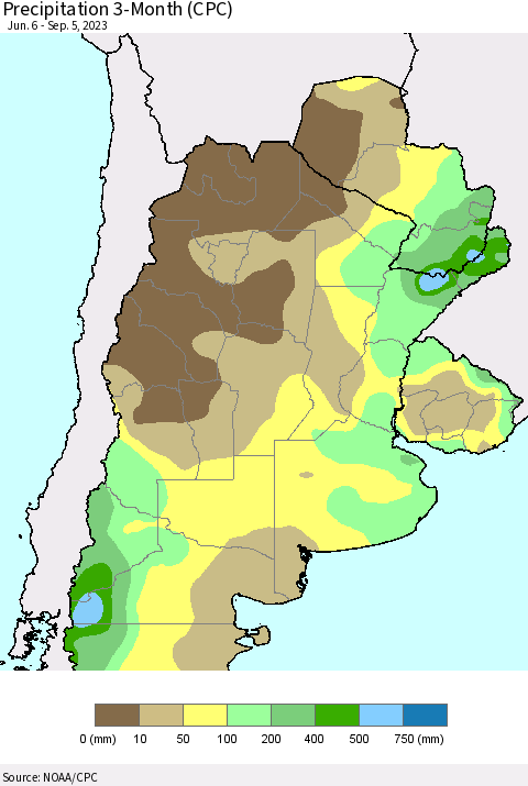 Southern South America Precipitation 3-Month (CPC) Thematic Map For 6/6/2023 - 9/5/2023