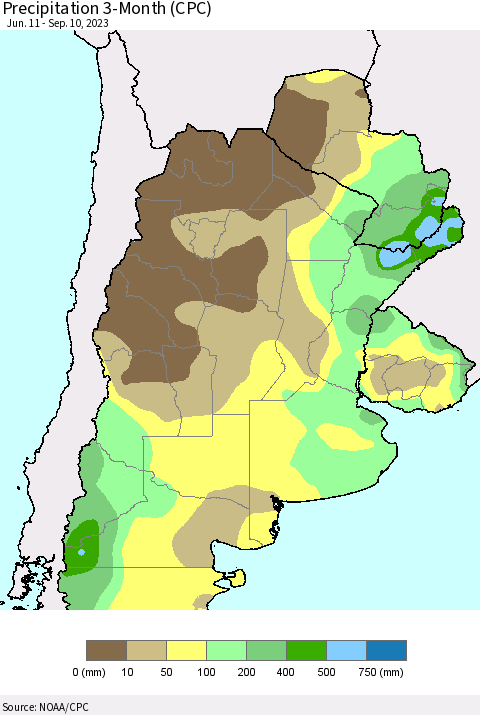 Southern South America Precipitation 3-Month (CPC) Thematic Map For 6/11/2023 - 9/10/2023