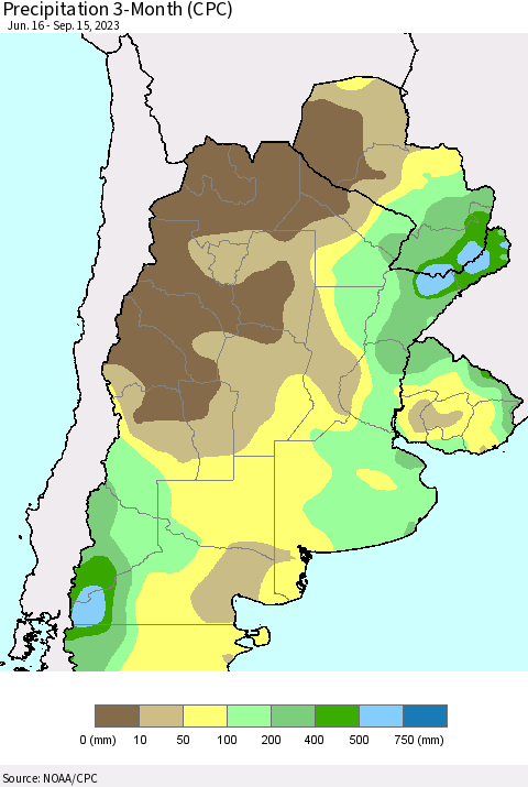 Southern South America Precipitation 3-Month (CPC) Thematic Map For 6/16/2023 - 9/15/2023
