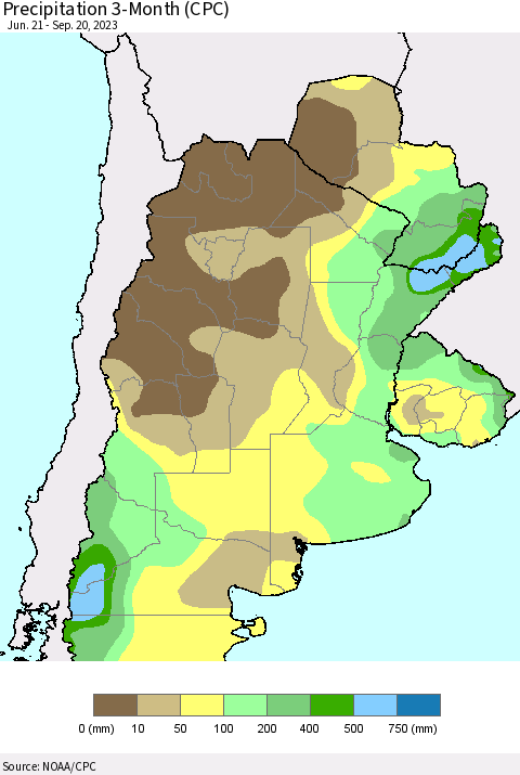 Southern South America Precipitation 3-Month (CPC) Thematic Map For 6/21/2023 - 9/20/2023