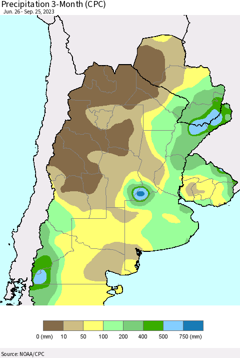 Southern South America Precipitation 3-Month (CPC) Thematic Map For 6/26/2023 - 9/25/2023