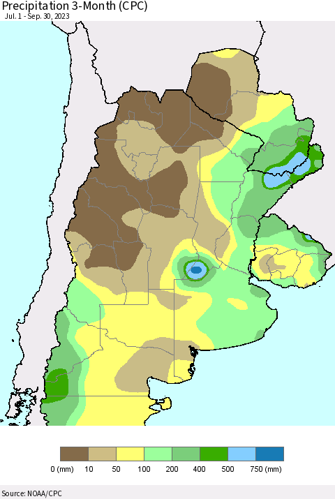 Southern South America Precipitation 3-Month (CPC) Thematic Map For 7/1/2023 - 9/30/2023
