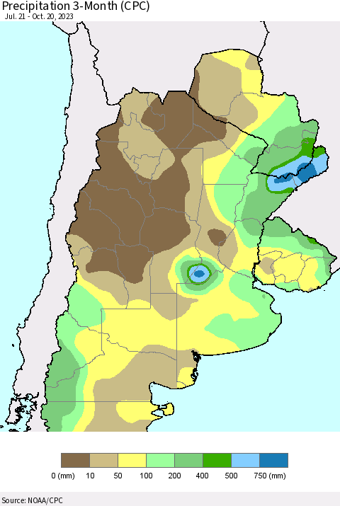 Southern South America Precipitation 3-Month (CPC) Thematic Map For 7/21/2023 - 10/20/2023